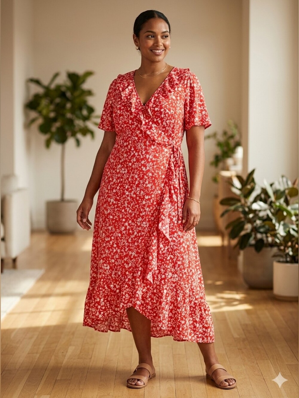 a new day XXL Red Floral Ruffle Wrap Dress